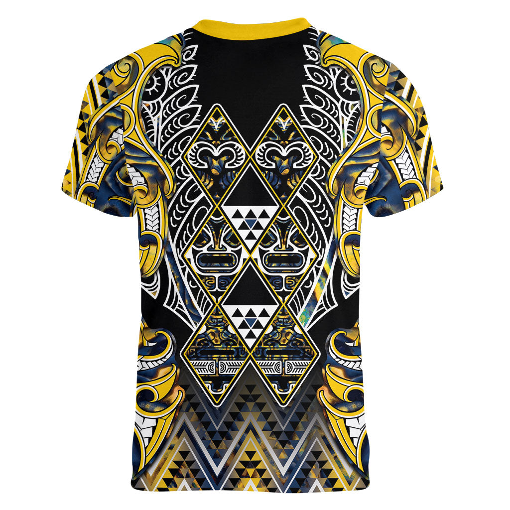 Aotearoa Ngati Raukawa Women V-Neck T-Shirt Maori Tribal Yellow And Navy Paua Shell Pattern DT05 - Polynesian Pride