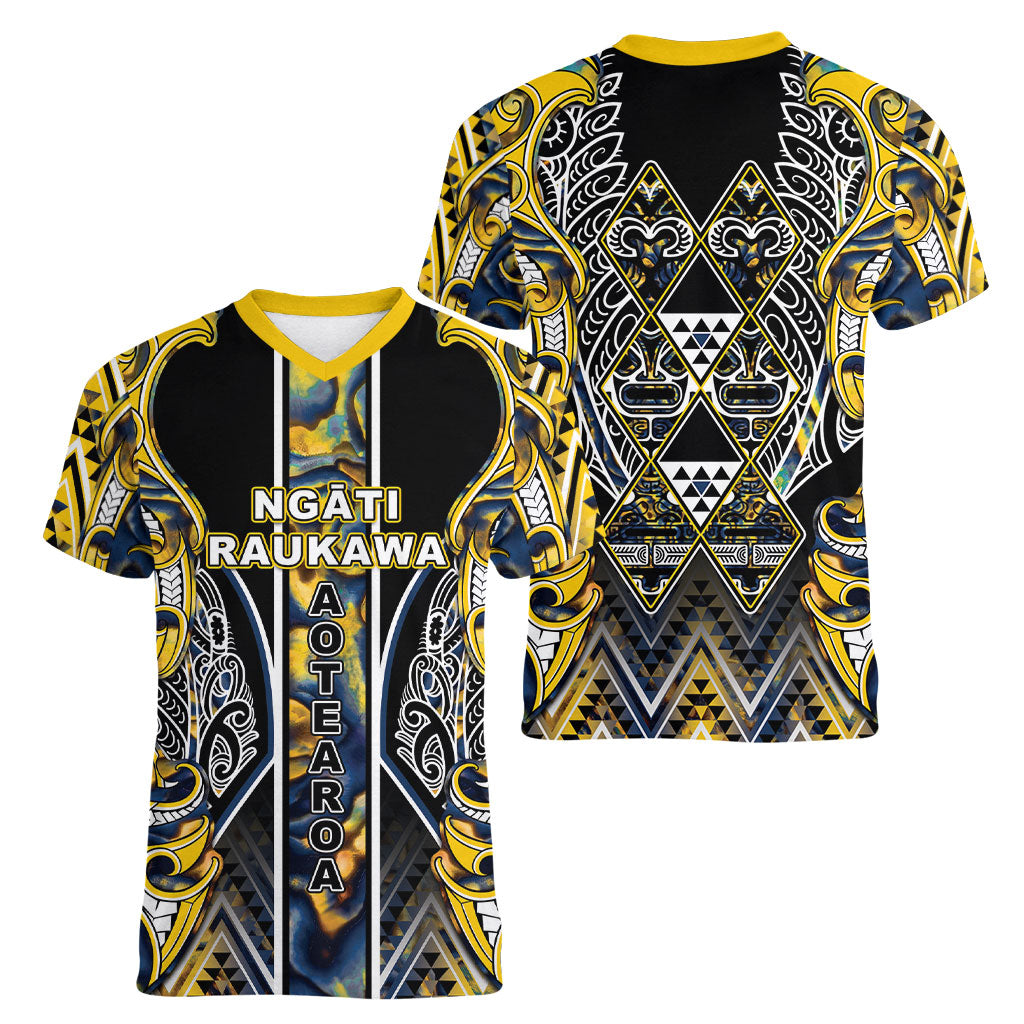 Aotearoa Ngati Raukawa Women V-Neck T-Shirt Maori Tribal Yellow And Navy Paua Shell Pattern DT05 - Polynesian Pride