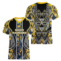 Aotearoa Ngati Raukawa Women V-Neck T-Shirt Maori Tribal Yellow And Navy Paua Shell Pattern DT05 - Polynesian Pride