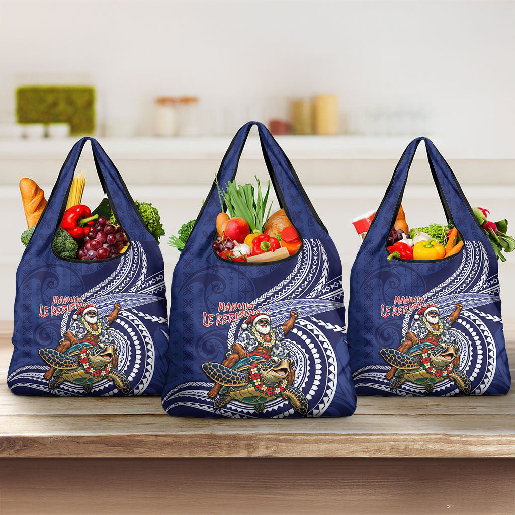 Samoa Christmas Grocery Bag Santa Riding Sea Turtle DT05 3-pack One Size Navy - Polynesian Pride