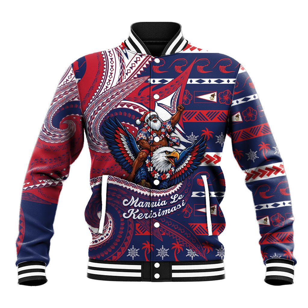 American Samoa Christmas Baseball Jacket Santa Riding Bald Eagle DT05 Unisex Navy - Polynesian Pride