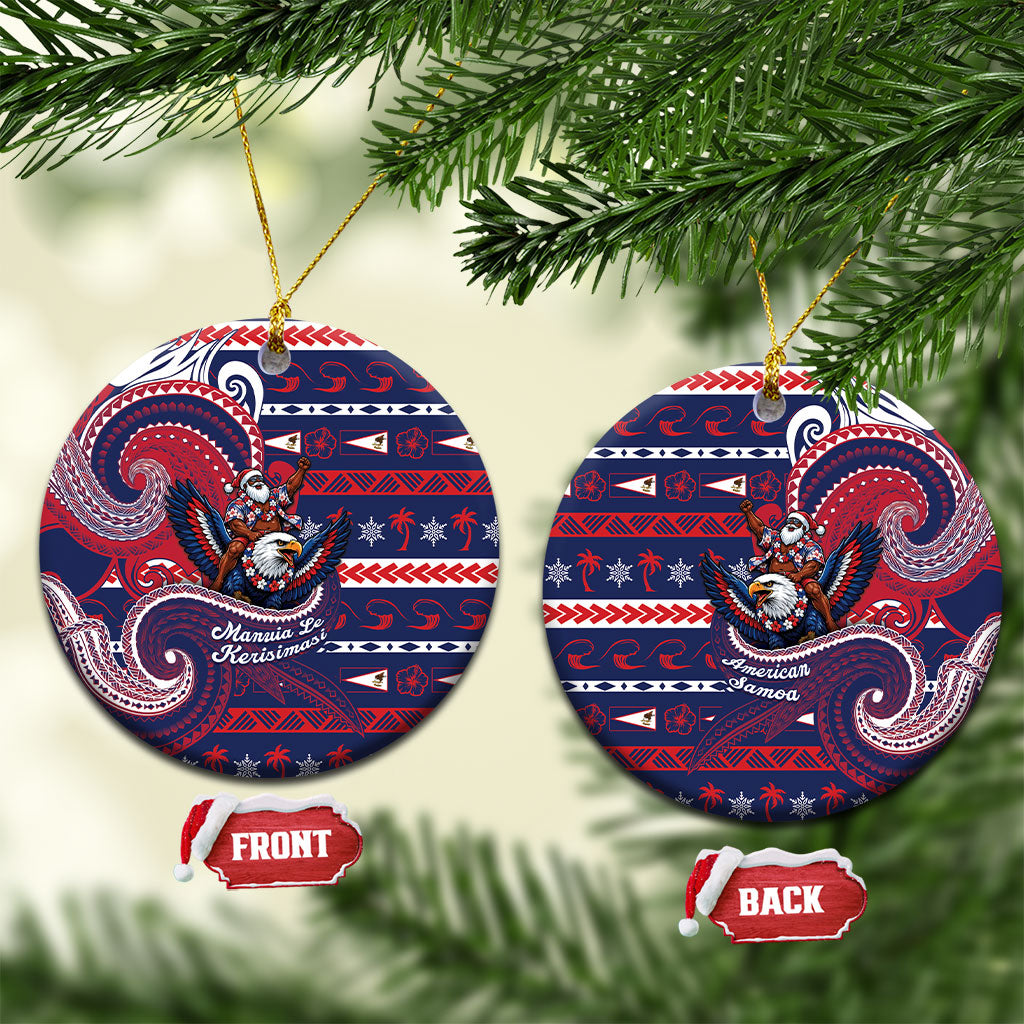 American Samoa Christmas Ceramic Ornament Santa Riding Bald Eagle DT05 Circle Navy - Polynesian Pride