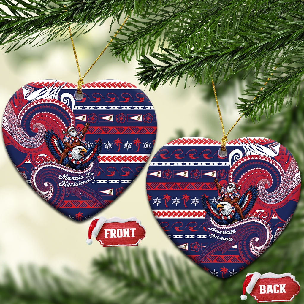 American Samoa Christmas Ceramic Ornament Santa Riding Bald Eagle DT05 Heart Navy - Polynesian Pride