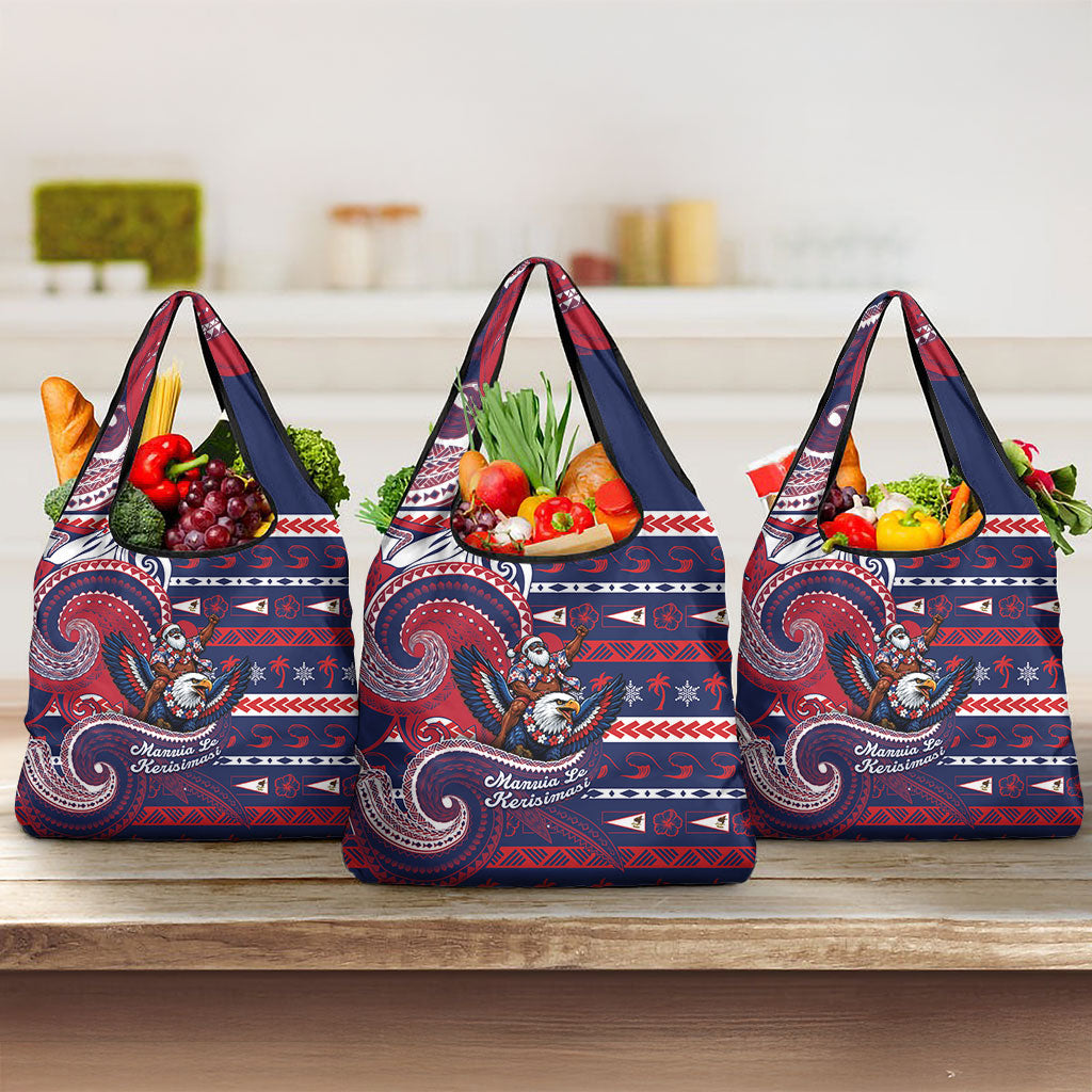 American Samoa Christmas Grocery Bag Santa Riding Bald Eagle DT05 3-pack One Size Navy - Polynesian Pride
