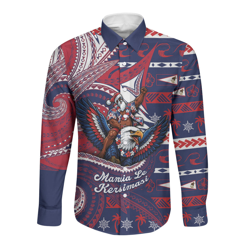 American Samoa Christmas Long Sleeve Button Shirt Santa Riding Bald Eagle DT05 Unisex Navy - Polynesian Pride