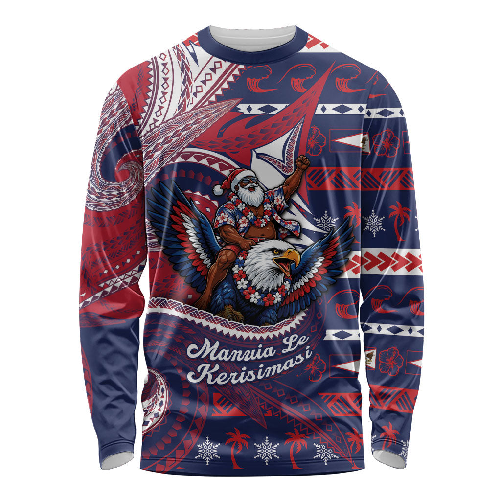 American Samoa Christmas Long Sleeve Shirt Santa Riding Bald Eagle DT05 Unisex Navy - Polynesian Pride