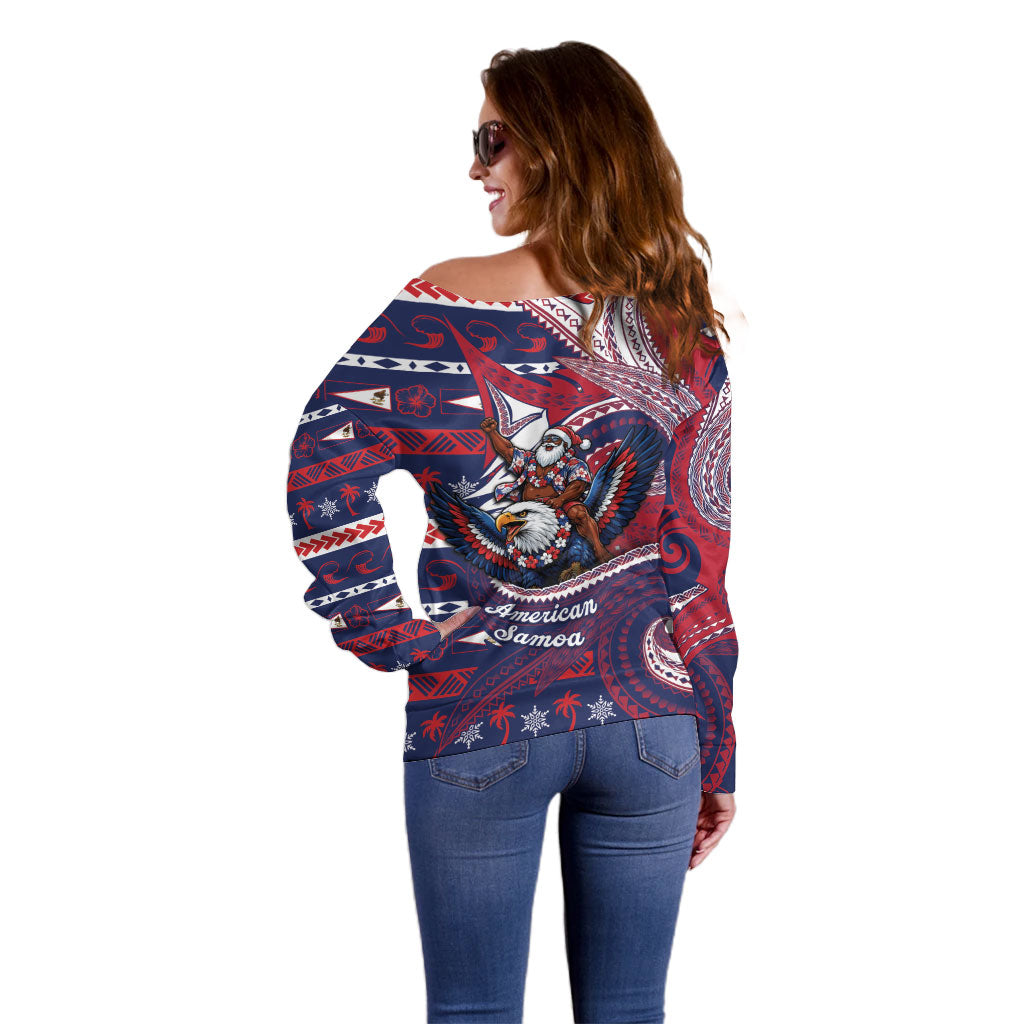 American Samoa Christmas Off Shoulder Sweater Santa Riding Bald Eagle DT05 - Polynesian Pride