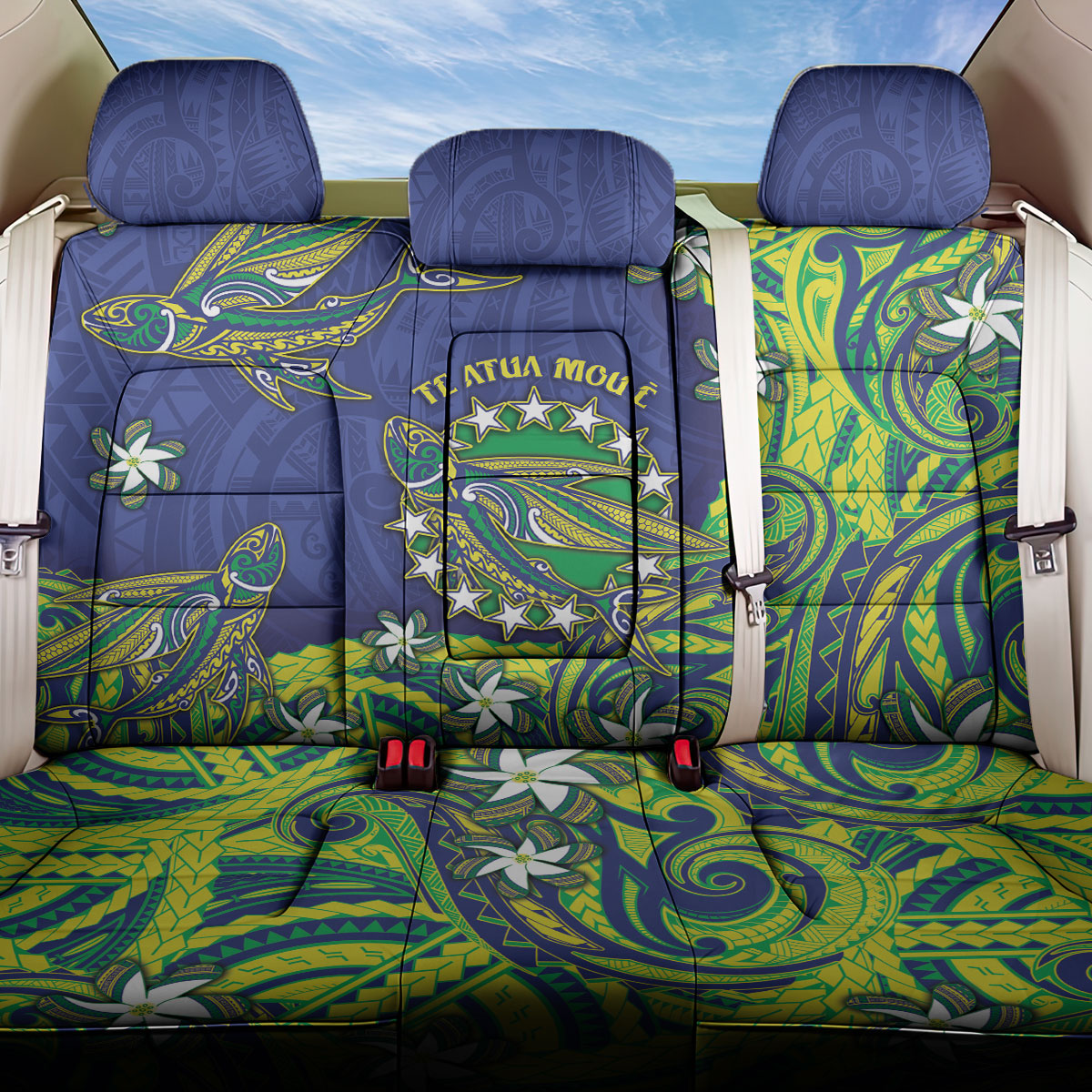 Cook Islands Language Week Back Car Seat Cover Flying Fish 15 Stars Tribal Patterns