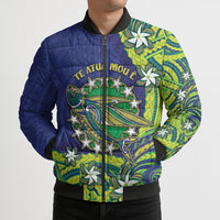 Cook Islands Language Week Bomber Puffer Jacket Flying Fish 15 Stars Tribal Patterns