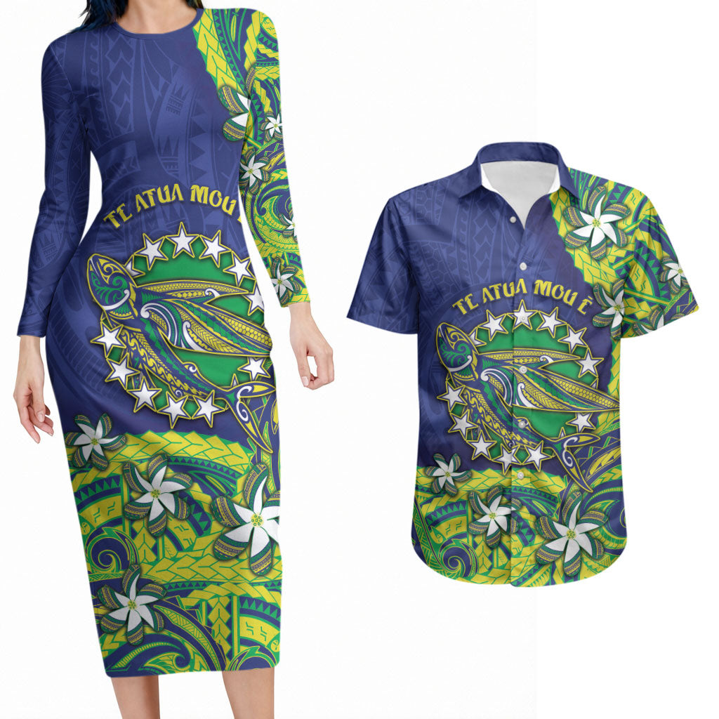 Cook Islands Language Week Couples Matching Long Sleeve Bodycon Dress and Hawaiian Shirt Flying Fish 15 Stars Tribal Patterns