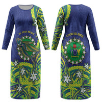 Cook Islands Language Week Couples Matching Long Sleeve Bodycon Dress and Hawaiian Shirt Flying Fish 15 Stars Tribal Patterns