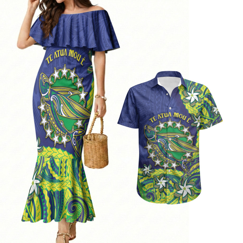 Cook Islands Language Week Couples Matching Mermaid Dress and Hawaiian Shirt Flying Fish 15 Stars Tribal Patterns