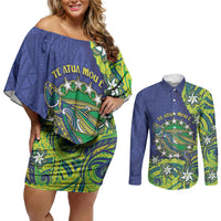 Cook Islands Language Week Couples Matching Off Shoulder Short Dress and Long Sleeve Button Shirt Flying Fish 15 Stars Tribal Patterns