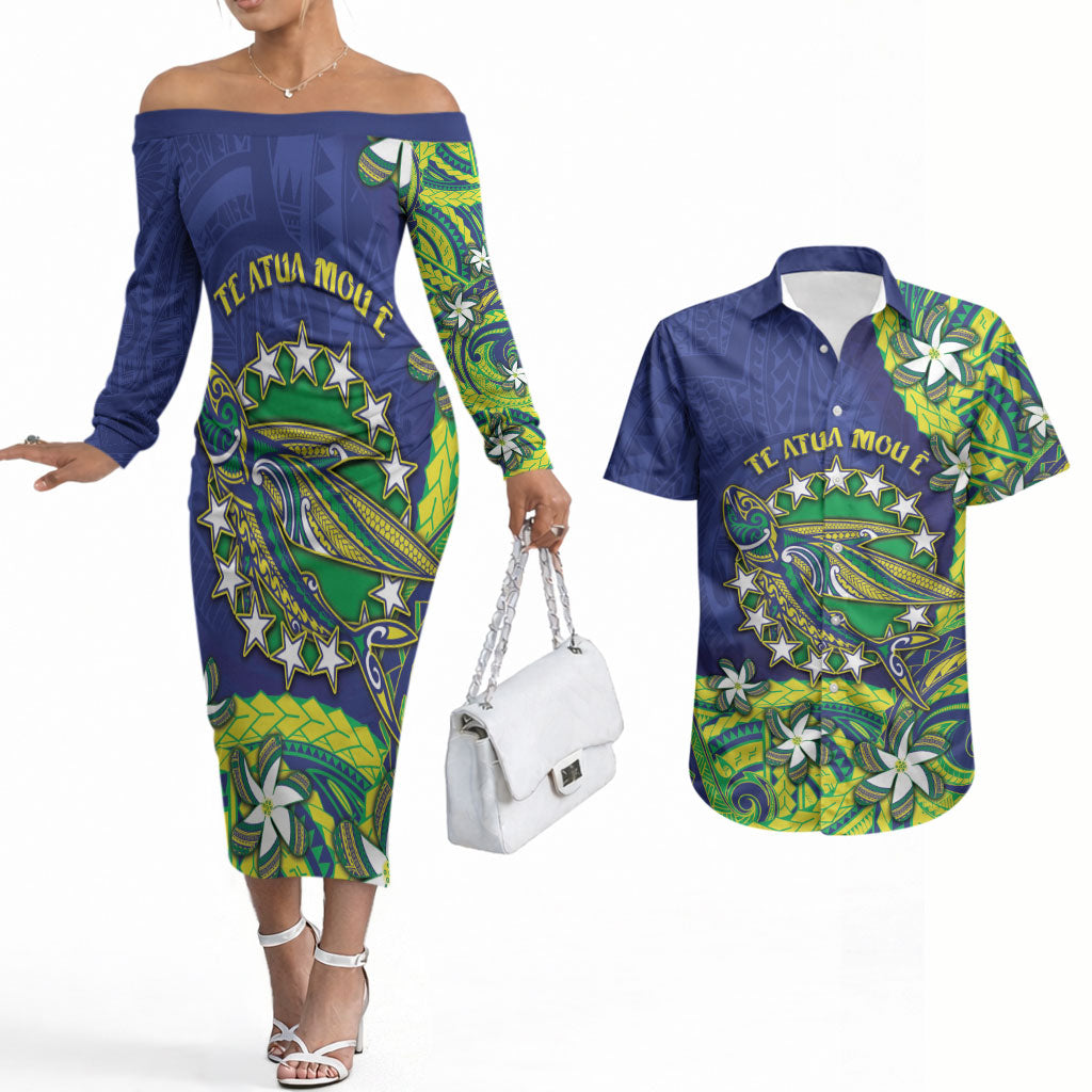 Cook Islands Language Week Couples Matching Off The Shoulder Long Sleeve Dress and Hawaiian Shirt Flying Fish 15 Stars Tribal Patterns