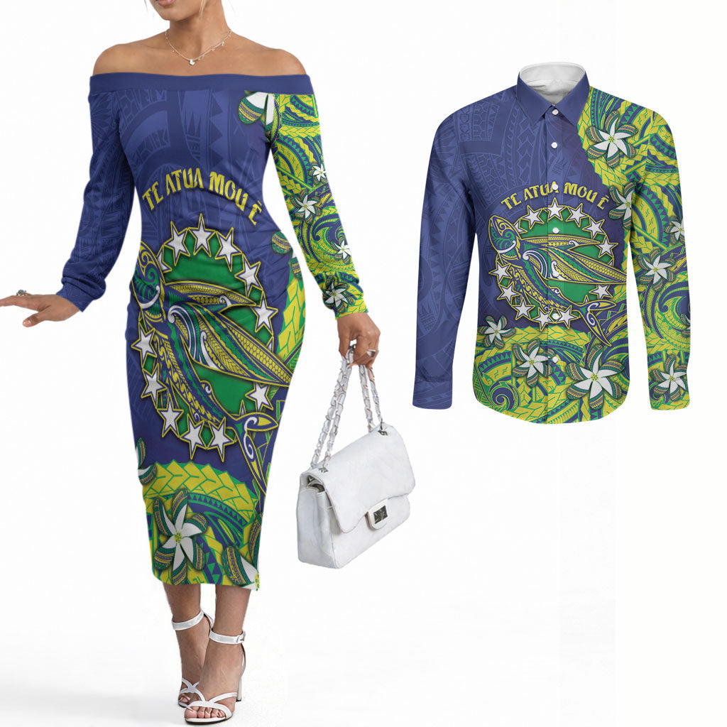 Cook Islands Language Week Couples Matching Off The Shoulder Long Sleeve Dress and Long Sleeve Button Shirt Flying Fish 15 Stars Tribal Patterns