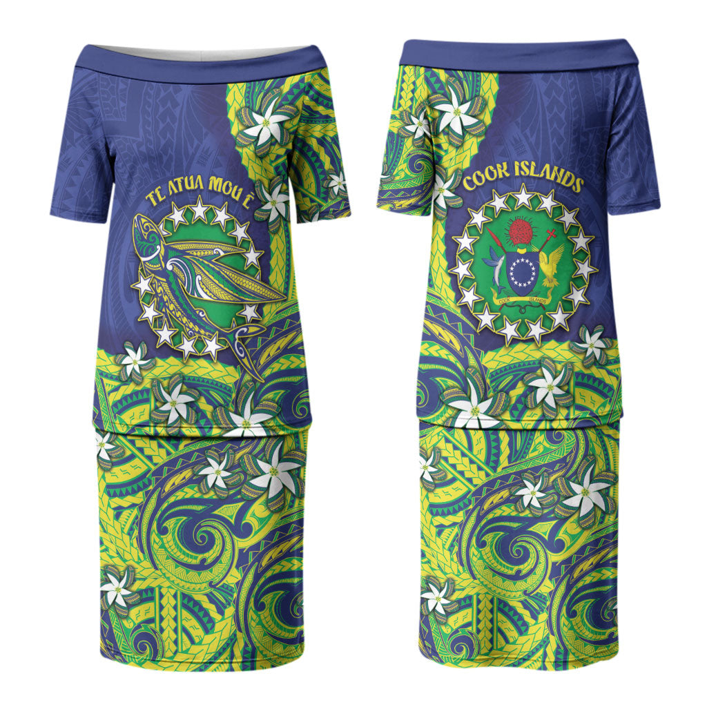 Cook Islands Language Week Couples Matching Puletasi and Long Sleeve Button Shirt Flying Fish 15 Stars Tribal Patterns