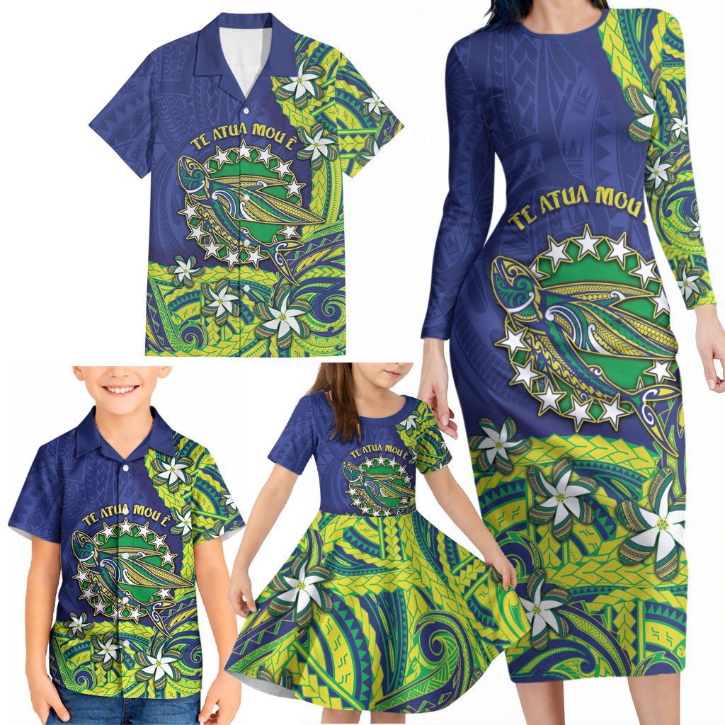 Cook Islands Language Week Family Matching Long Sleeve Bodycon Dress and Hawaiian Shirt Flying Fish 15 Stars Tribal Patterns