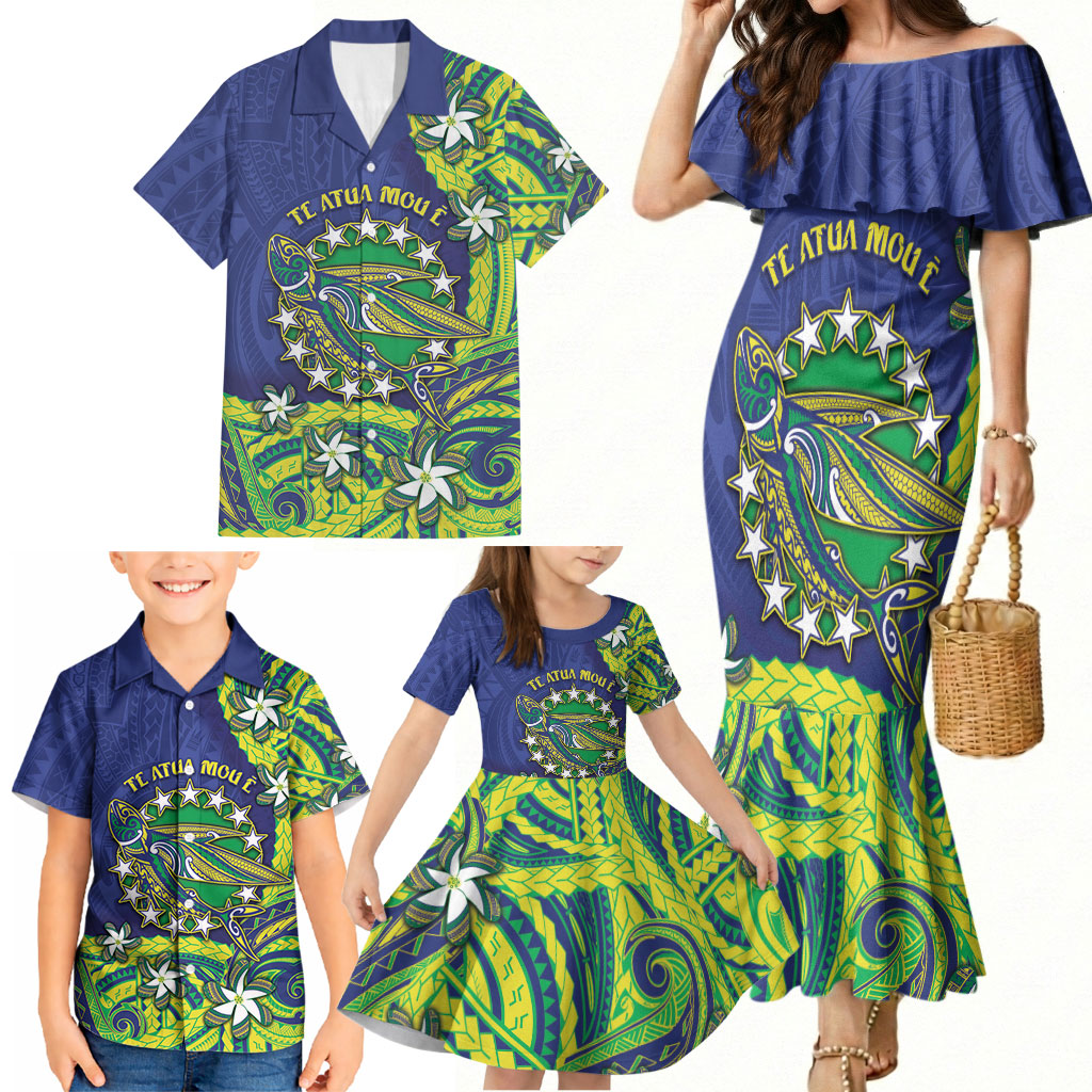Cook Islands Language Week Family Matching Mermaid Dress and Hawaiian Shirt Flying Fish 15 Stars Tribal Patterns