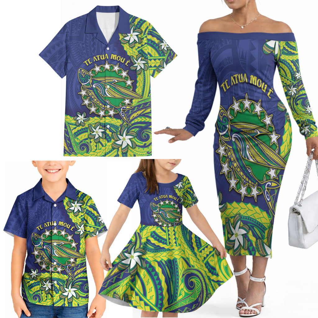 Cook Islands Language Week Family Matching Off The Shoulder Long Sleeve Dress and Hawaiian Shirt Flying Fish 15 Stars Tribal Patterns
