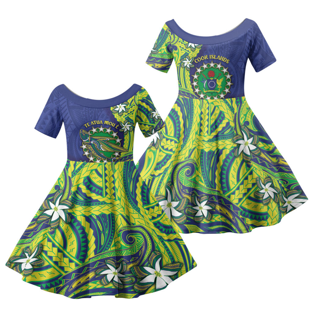 Cook Islands Language Week Family Matching Off The Shoulder Long Sleeve Dress and Hawaiian Shirt Flying Fish 15 Stars Tribal Patterns