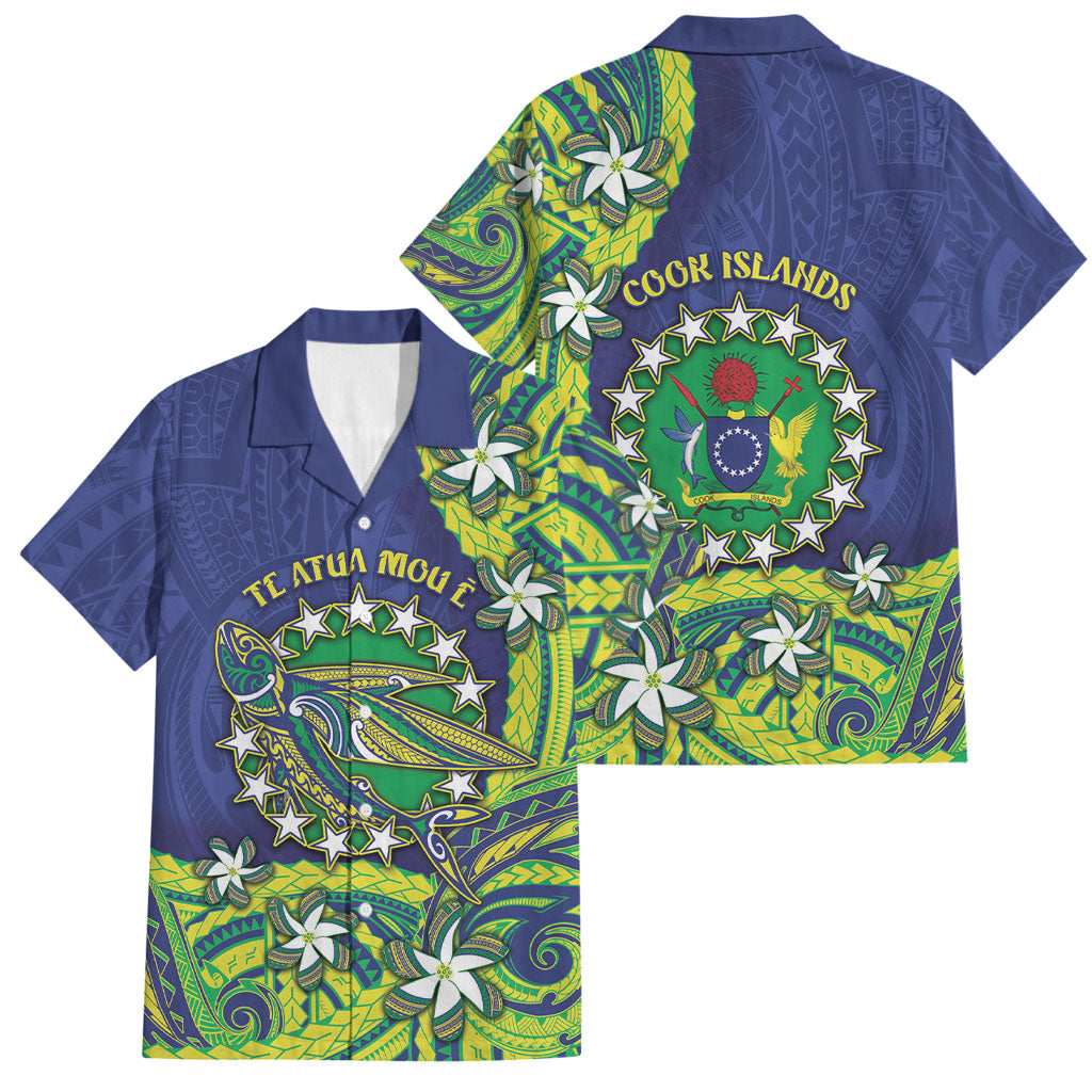 Cook Islands Language Week Family Matching Off Shoulder Short Dress and Hawaiian Shirt Flying Fish 15 Stars Tribal Patterns