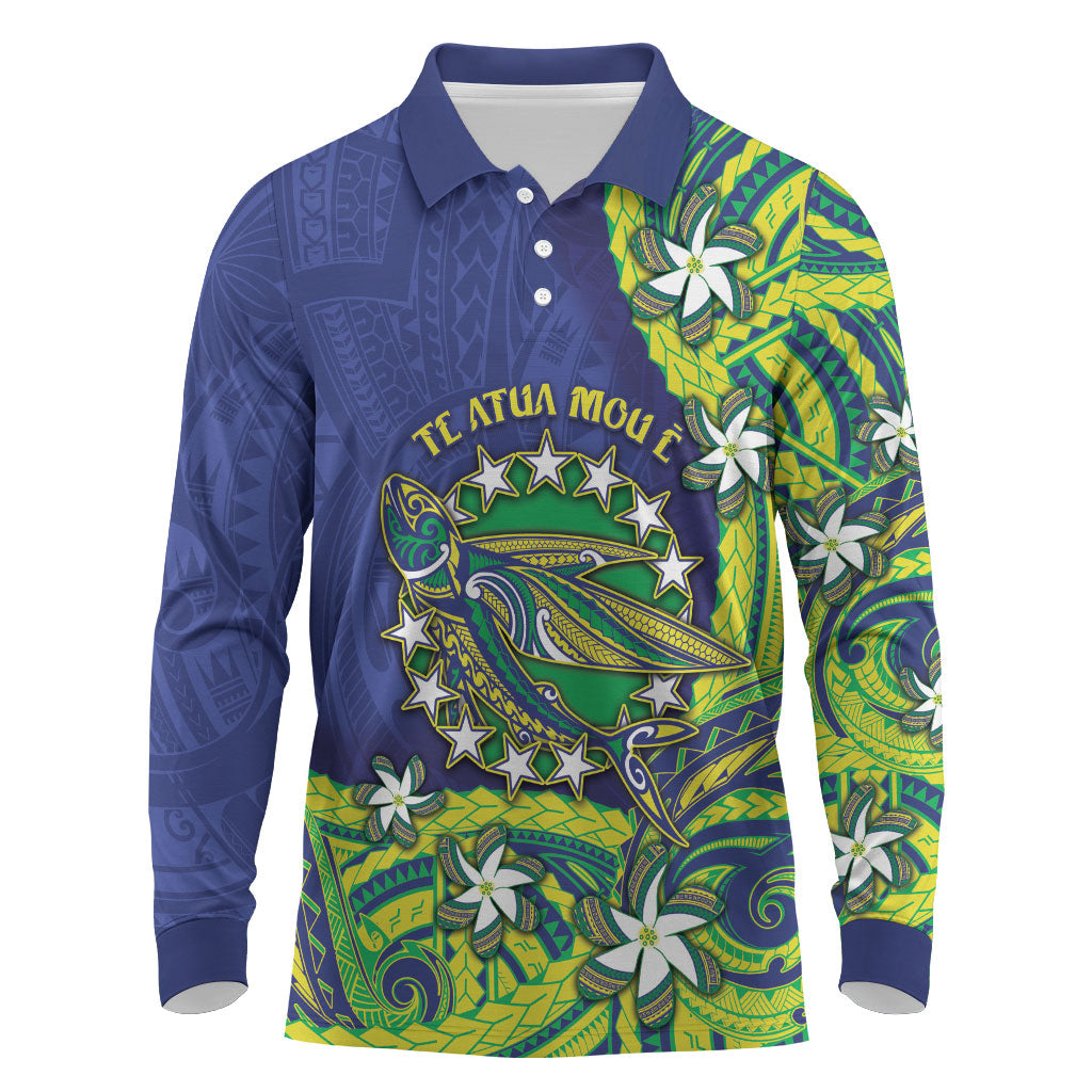 Cook Islands Language Week Long Sleeve Polo Shirt Flying Fish 15 Stars Tribal Patterns