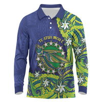 Cook Islands Language Week Long Sleeve Polo Shirt Flying Fish 15 Stars Tribal Patterns