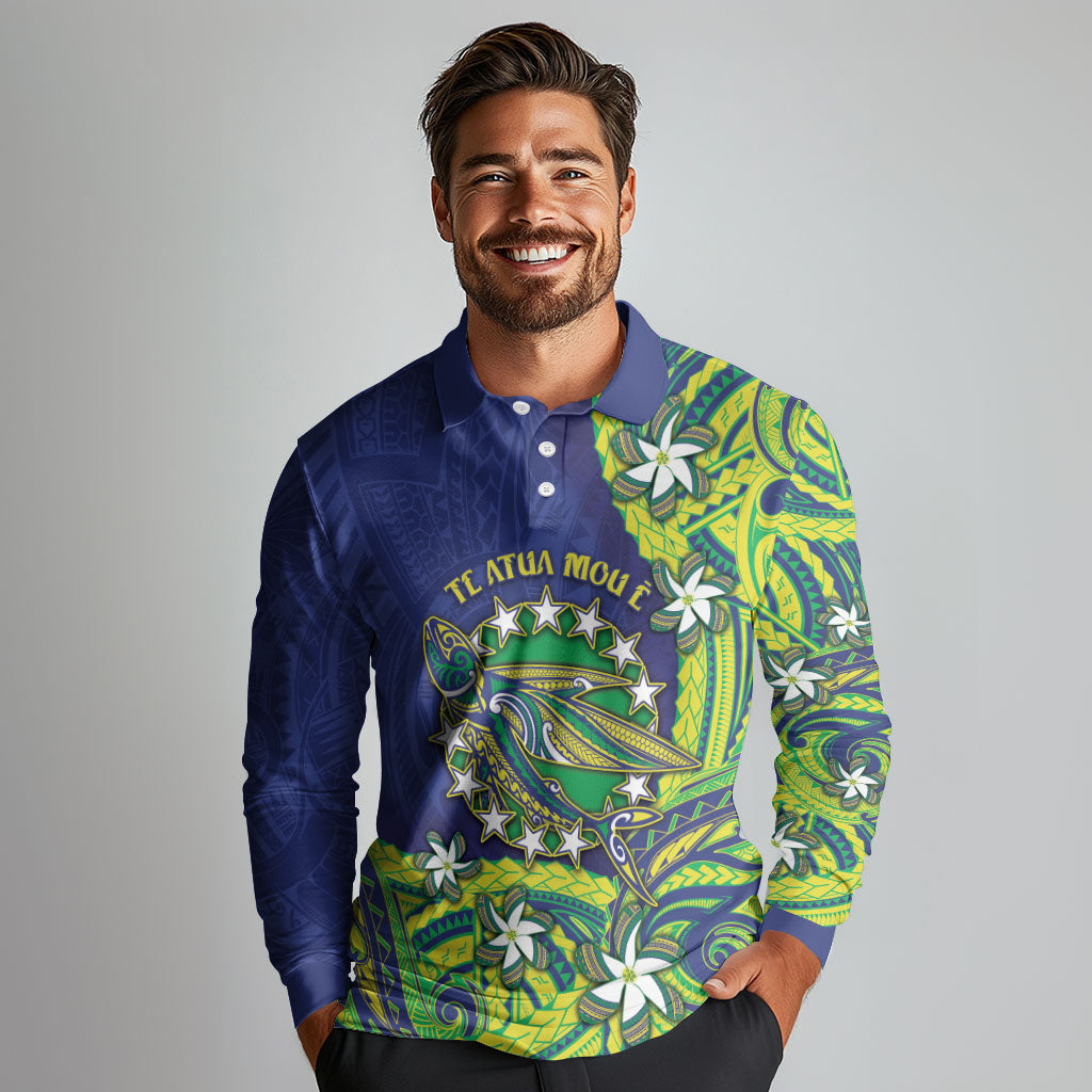 Cook Islands Language Week Long Sleeve Polo Shirt Flying Fish 15 Stars Tribal Patterns