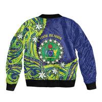 Cook Islands Language Week Sleeve Zip Bomber Jacket Flying Fish 15 Stars Tribal Patterns