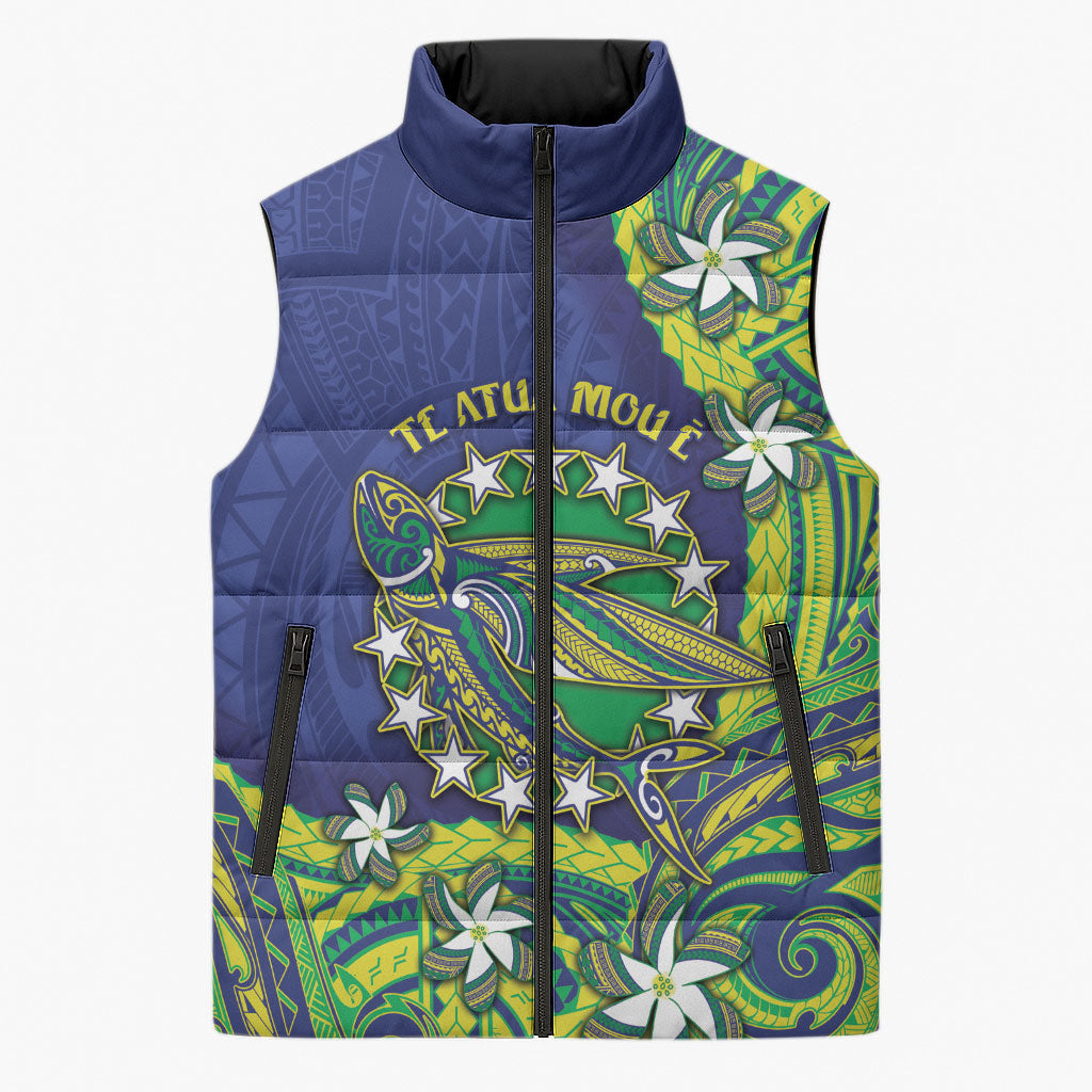 Cook Islands Language Week Sleeveless Puffer Jacket Flying Fish 15 Stars Tribal Patterns