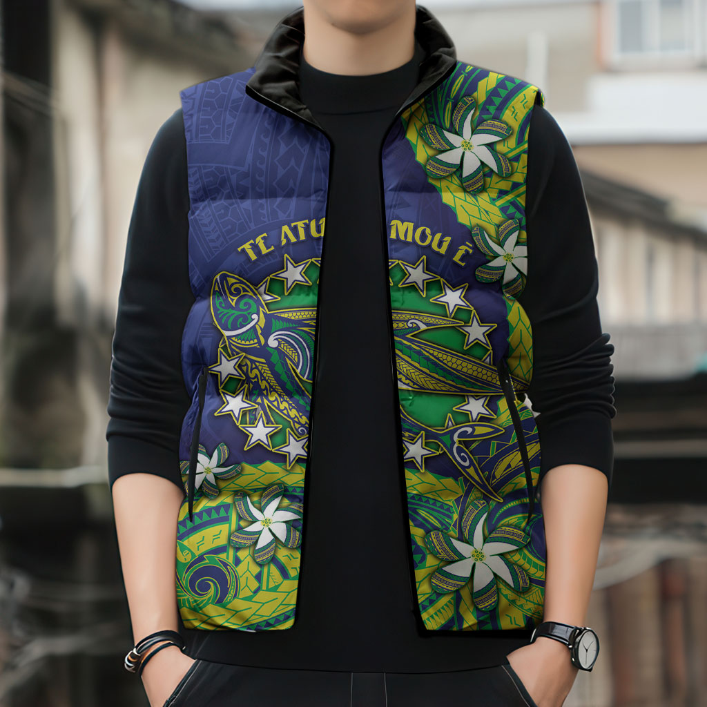 Cook Islands Language Week Sleeveless Puffer Jacket Flying Fish 15 Stars Tribal Patterns