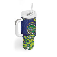 Cook Islands Language Week Tumbler With Handle Flying Fish 15 Stars Tribal Patterns