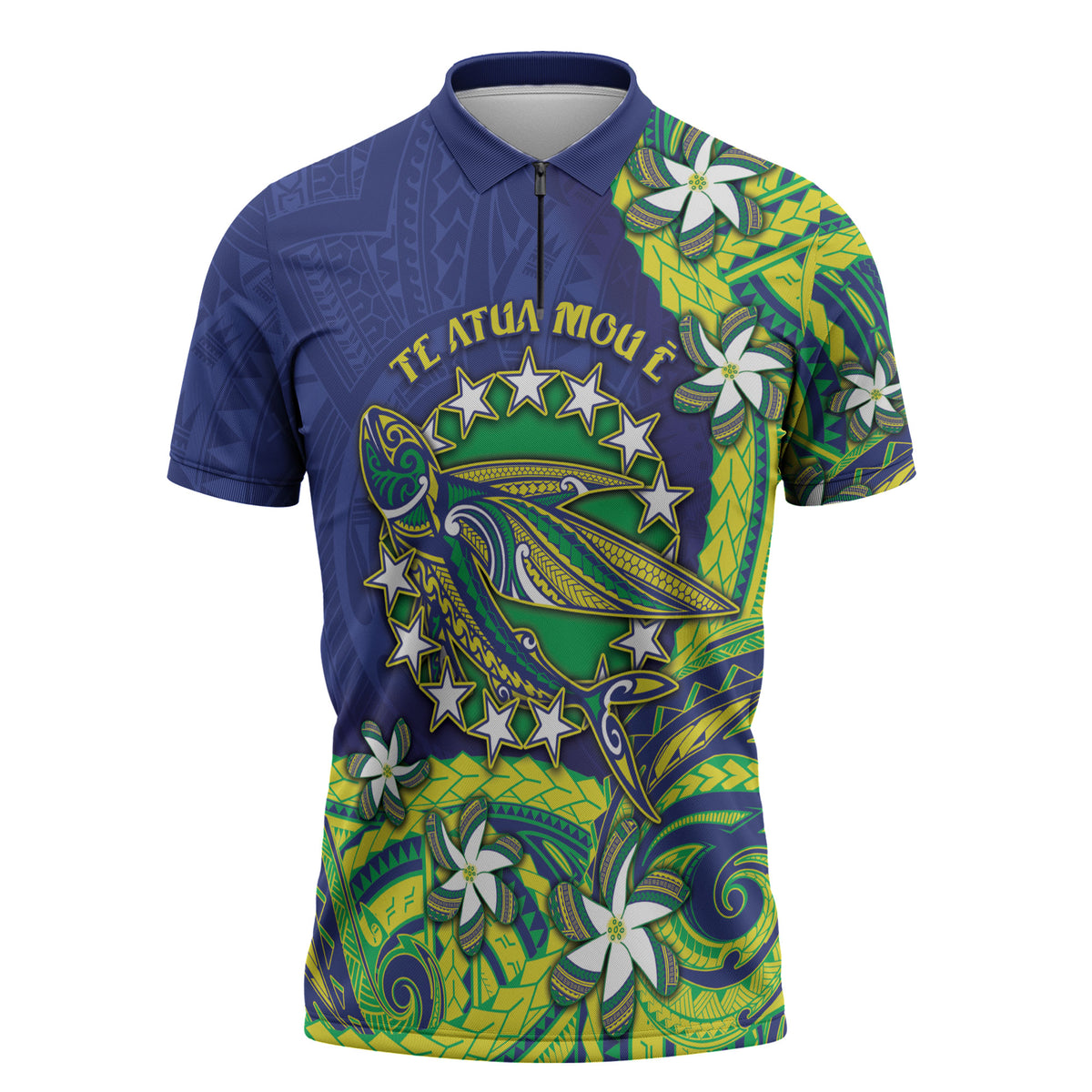 Cook Islands Language Week Zipper Polo Shirt Flying Fish 15 Stars Tribal Patterns