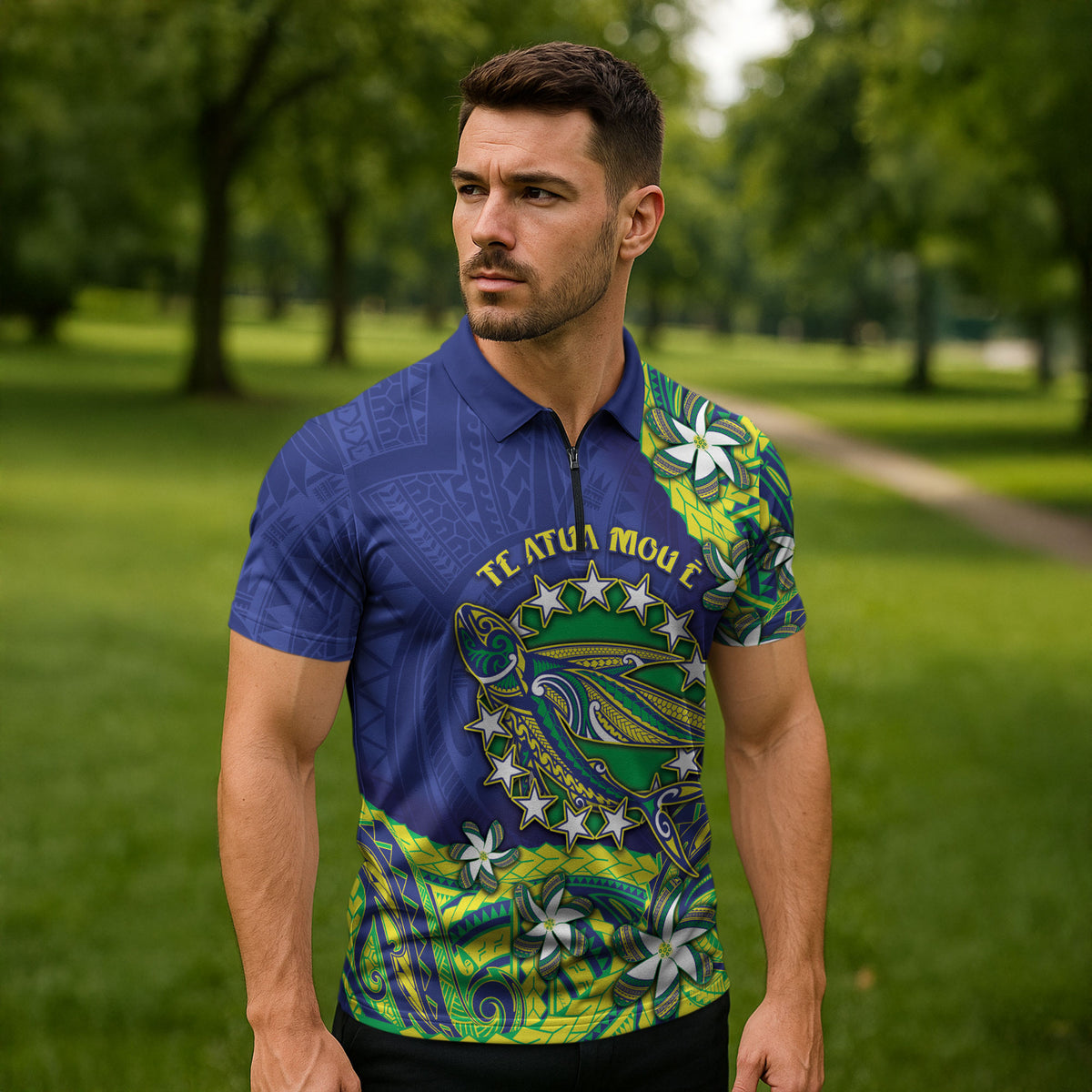 Cook Islands Language Week Zipper Polo Shirt Flying Fish 15 Stars Tribal Patterns