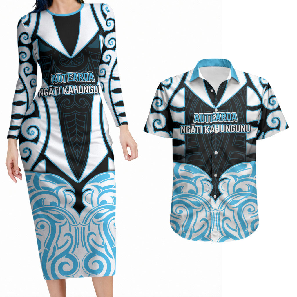 Custom Aotearoa Ngati Kahungunu Couples Matching Long Sleeve Bodycon Dress and Hawaiian Shirt New Zealand Traditional Maori Pattern DT05 Blue - Polynesian Pride