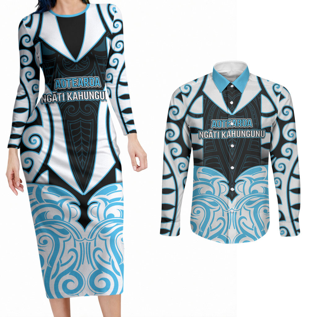 Custom Aotearoa Ngati Kahungunu Couples Matching Long Sleeve Bodycon Dress and Long Sleeve Button Shirt New Zealand Traditional Maori Pattern DT05 Blue - Polynesian Pride