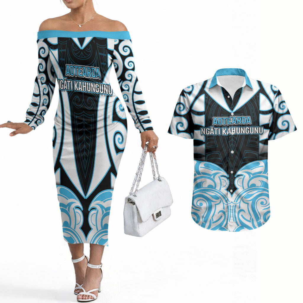 Custom Aotearoa Ngati Kahungunu Couples Matching Off The Shoulder Long Sleeve Dress and Hawaiian Shirt New Zealand Traditional Maori Pattern DT05 Blue - Polynesian Pride