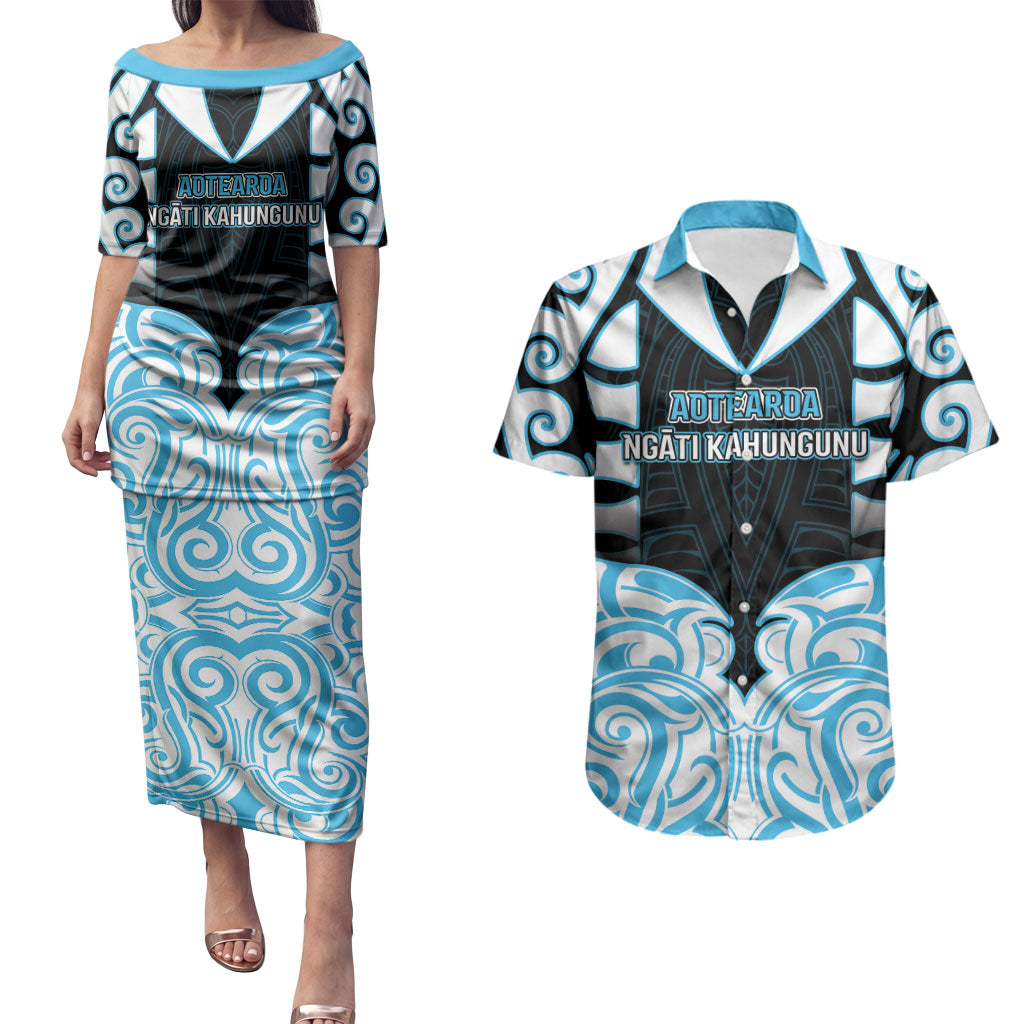 Custom Aotearoa Ngati Kahungunu Couples Matching Puletasi and Hawaiian Shirt New Zealand Traditional Maori Pattern DT05 Blue - Polynesian Pride