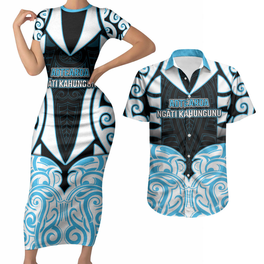 Custom Aotearoa Ngati Kahungunu Couples Matching Short Sleeve Bodycon Dress and Hawaiian Shirt New Zealand Traditional Maori Pattern