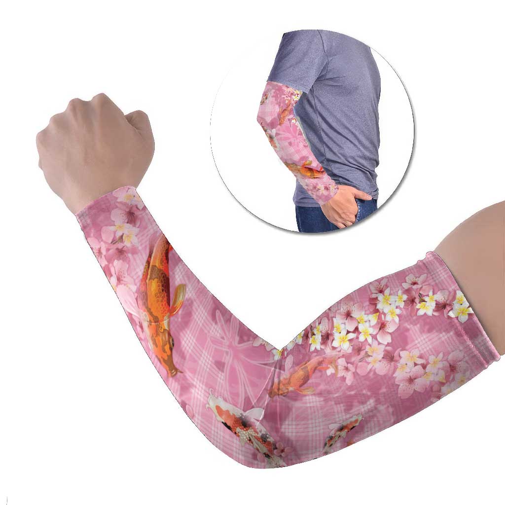 Pink Palaka Hawaiian And Japanese Arm Sleeves Sakura Lei With Koi Fish DT05 Set of 2 Pink - Polynesian Pride