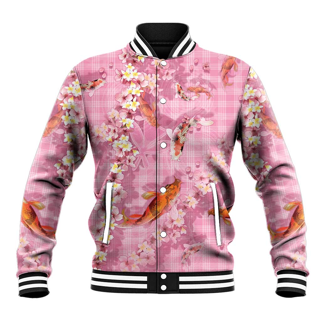 Pink Palaka Hawaiian And Japanese Baseball Jacket Sakura Lei With Koi Fish DT05 Unisex Pink - Polynesian Pride