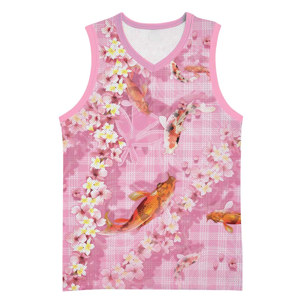 Pink Palaka Hawaiian And Japanese Basketball Jersey Sakura Lei With Koi Fish DT05 Unisex Pink - Polynesian Pride