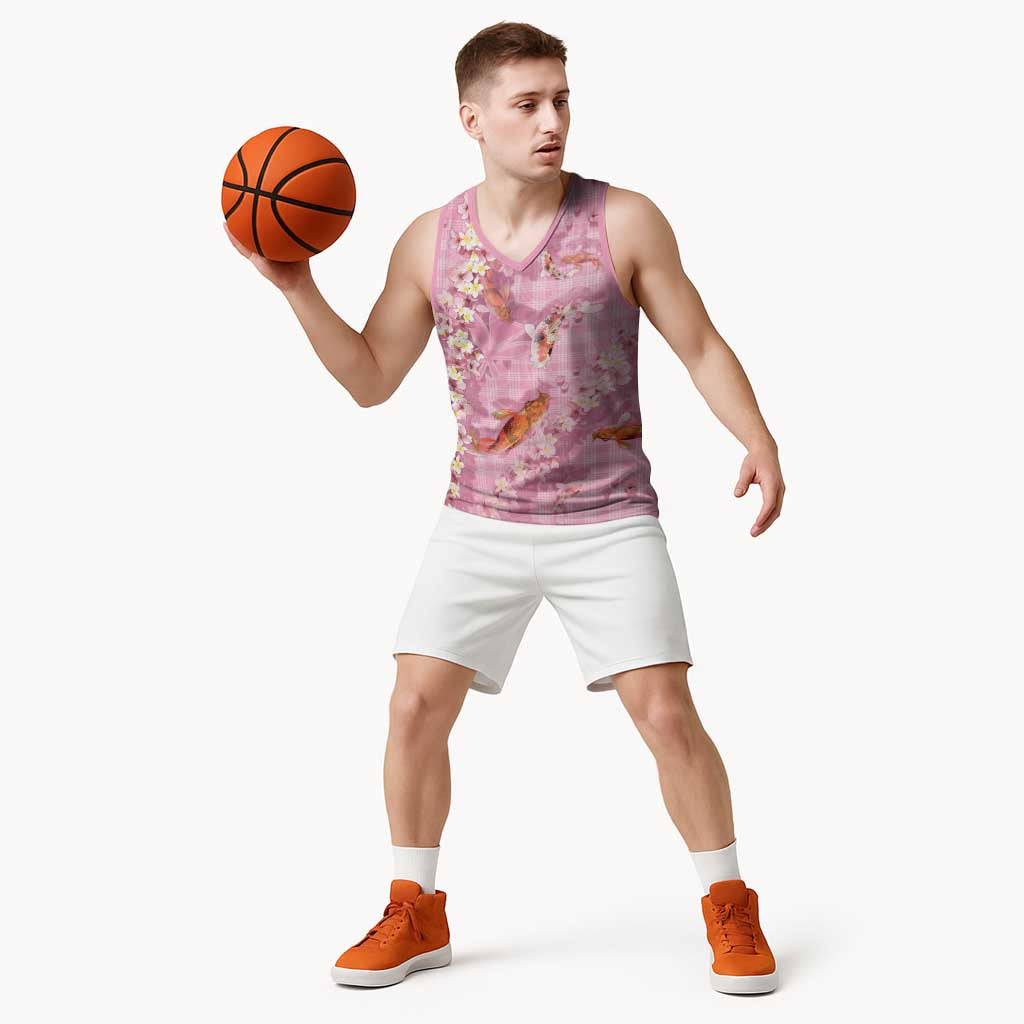 Pink Palaka Hawaiian And Japanese Basketball Jersey Sakura Lei With Koi Fish - Polynesian Pride