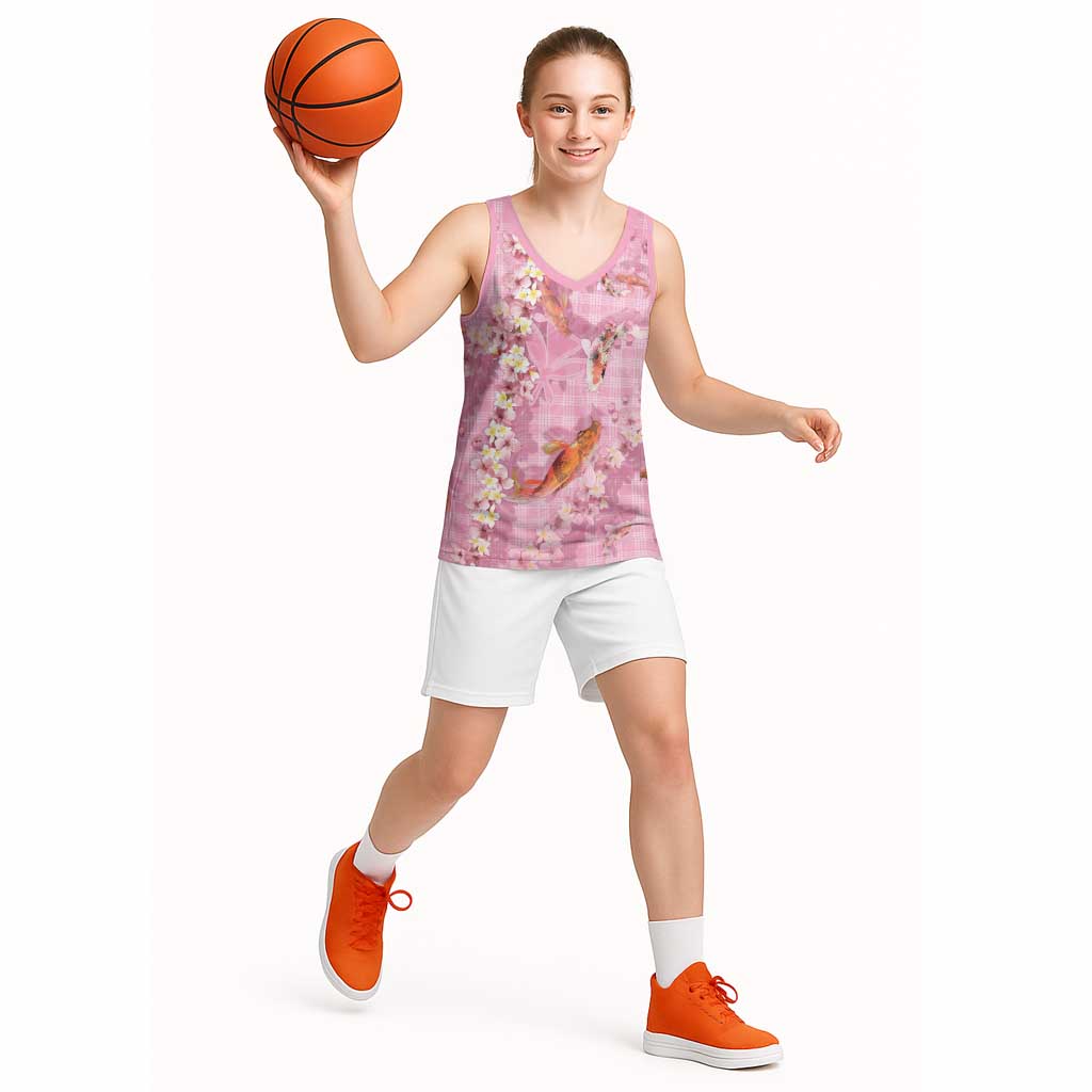 Pink Palaka Hawaiian And Japanese Basketball Jersey Sakura Lei With Koi Fish - Polynesian Pride