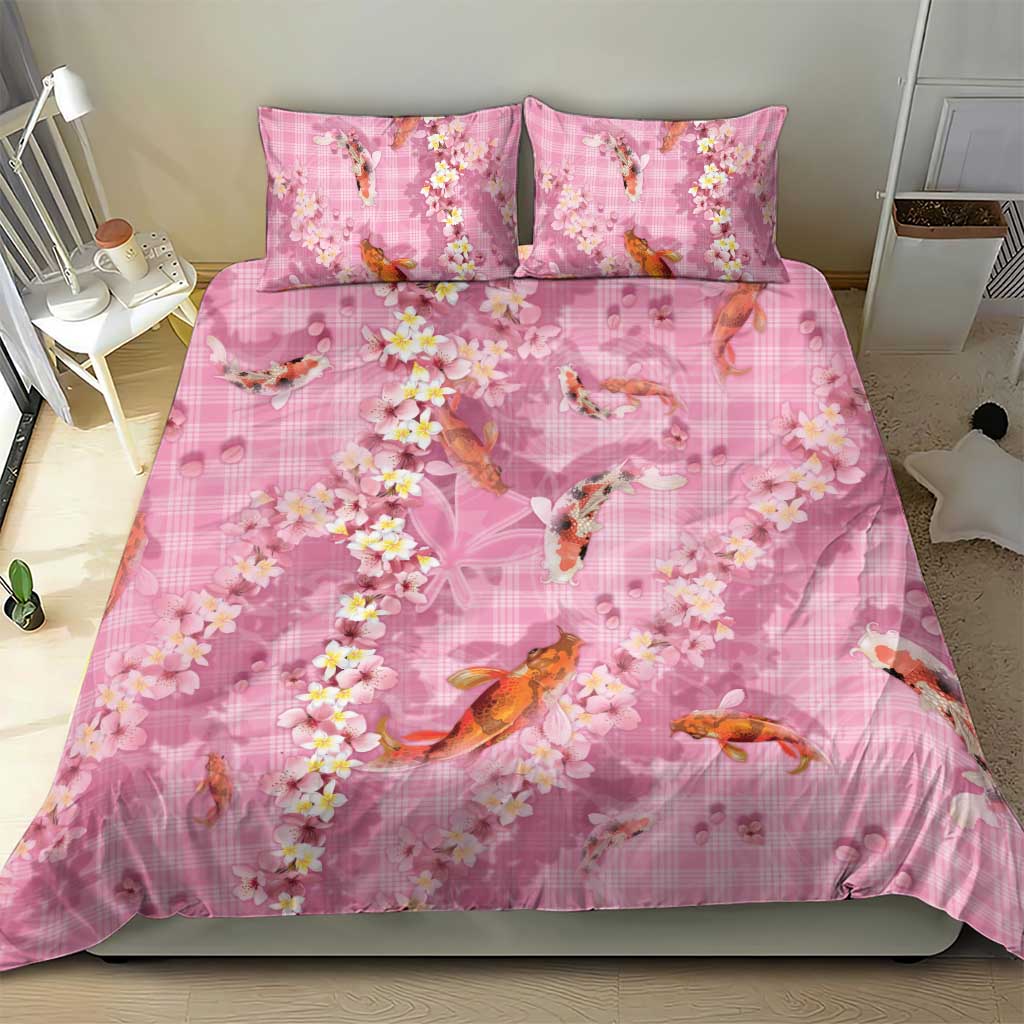 Pink Palaka Hawaiian And Japanese Bedding Set Sakura Lei With Koi Fish - Polynesian Pride