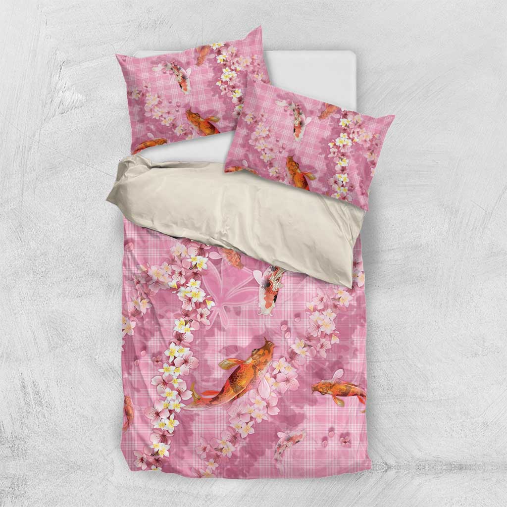 Pink Palaka Hawaiian And Japanese Bedding Set Sakura Lei With Koi Fish - Polynesian Pride