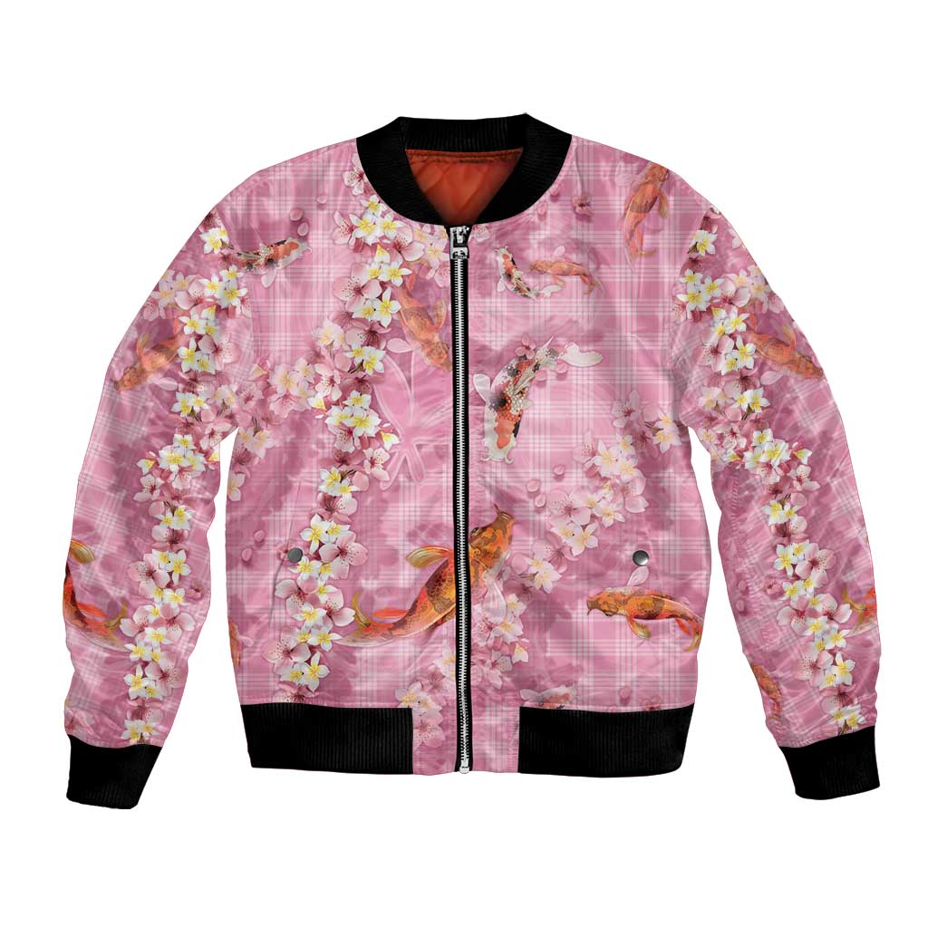 Pink Palaka Hawaiian And Japanese Bomber Jacket Sakura Lei With Koi Fish - Polynesian Pride