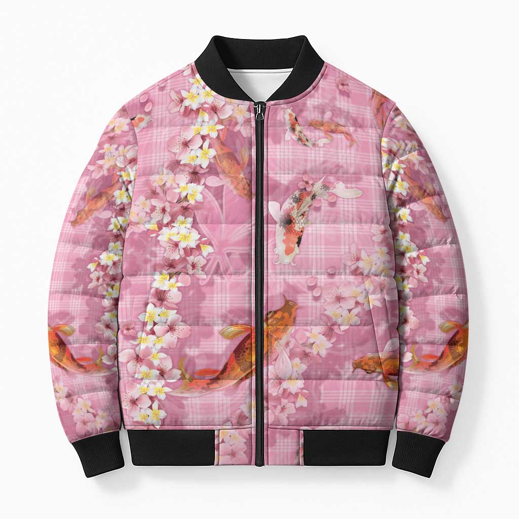 Pink Palaka Hawaiian And Japanese Bomber Puffer Jacket Sakura Lei With Koi Fish DT05 Unisex Pink - Polynesian Pride