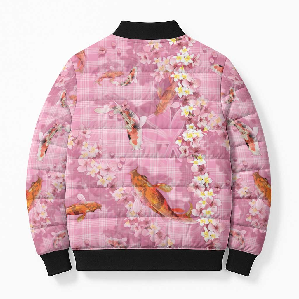 Pink Palaka Hawaiian And Japanese Bomber Puffer Jacket Sakura Lei With Koi Fish DT05 - Polynesian Pride