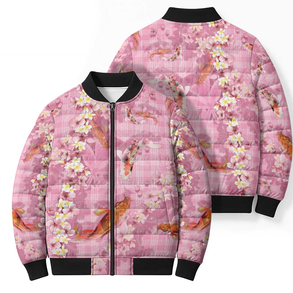 Pink Palaka Hawaiian And Japanese Bomber Puffer Jacket Sakura Lei With Koi Fish DT05 - Polynesian Pride